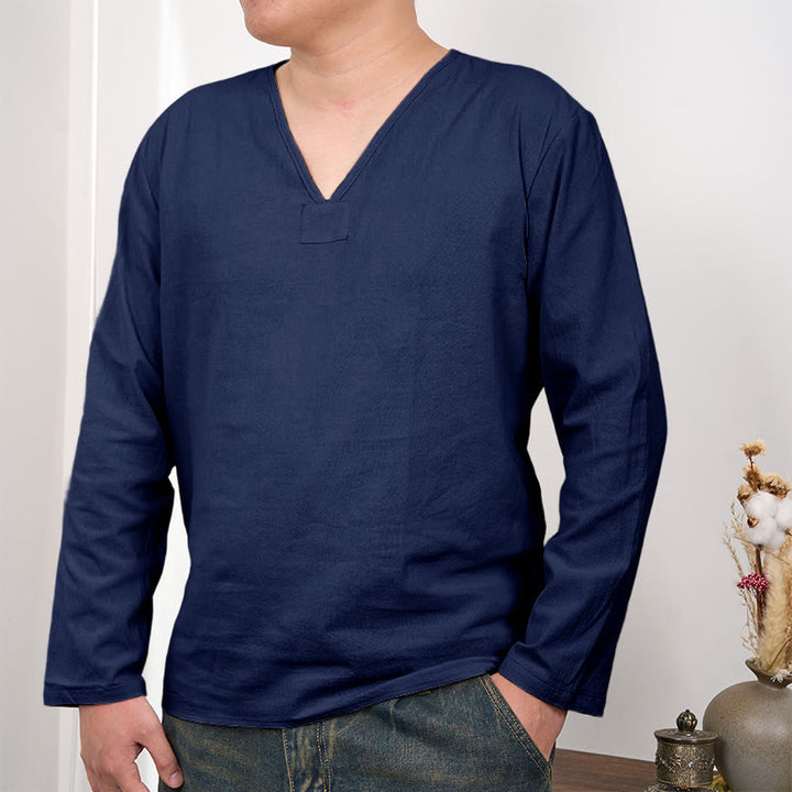 Camiseta de hombre de lino y algodón de manga larga con cuello en V de color sólido con Buddha Stones