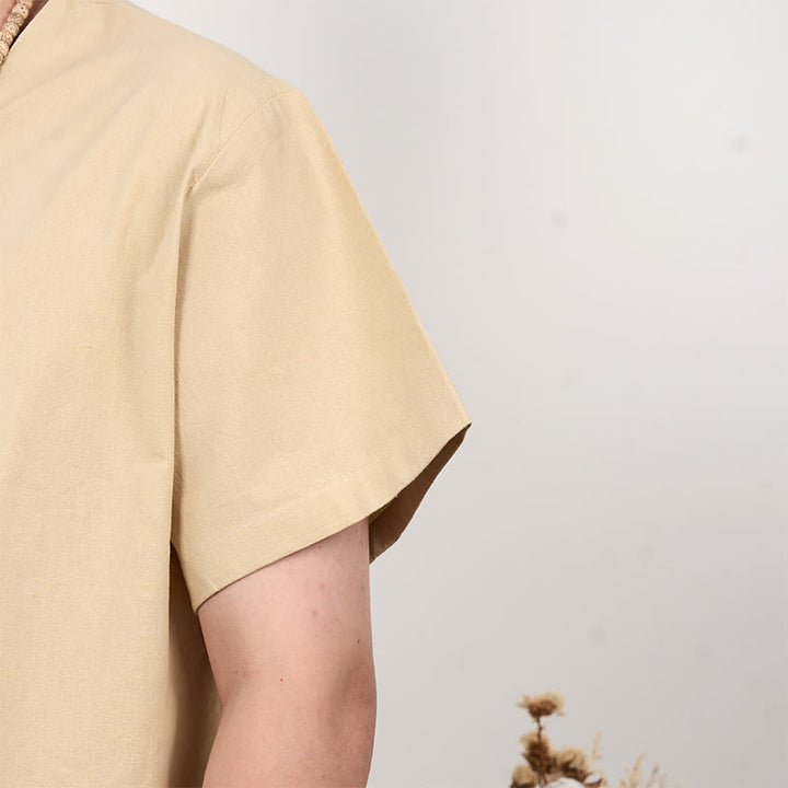 Buddha Stones Camisa de lino y algodón con botones de manga corta para hombre
