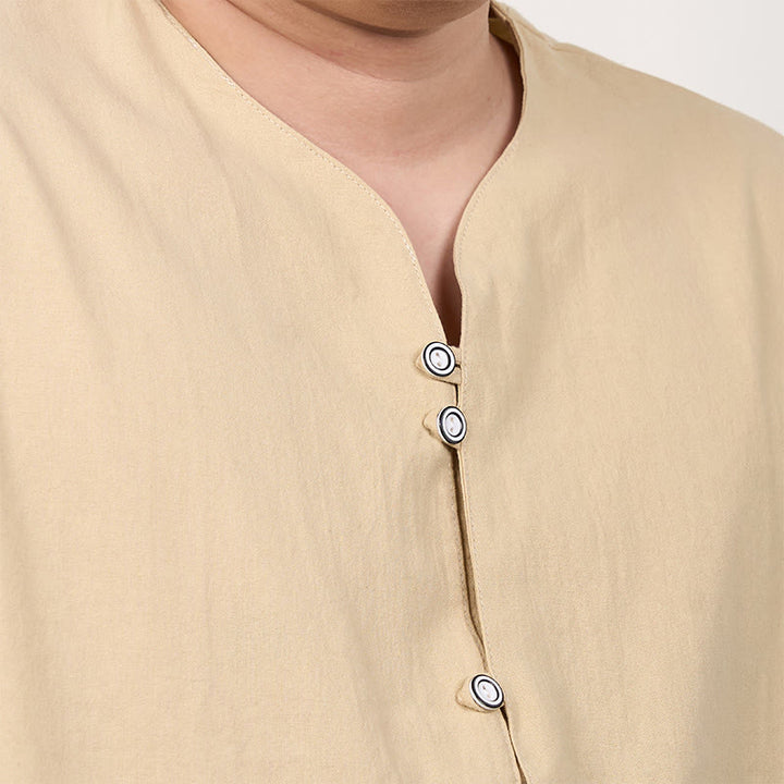 Buddha Stones Camisa de lino y algodón con botones de manga corta para hombre