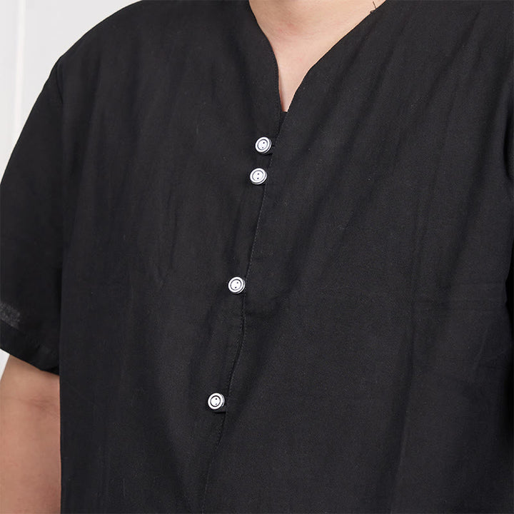 Buddha Stones Camisa de lino y algodón con botones de manga corta para hombre