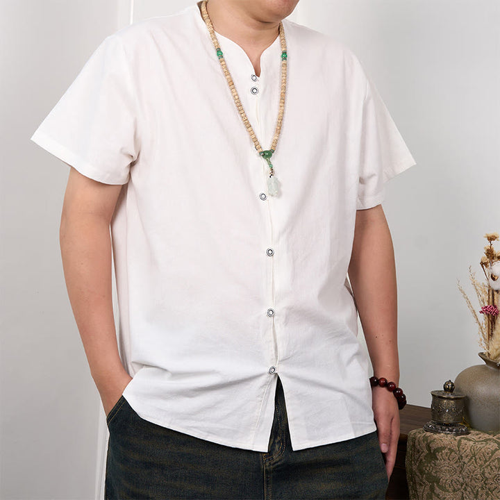 Buddha Stones Camisa de lino y algodón con botones de manga corta para hombre