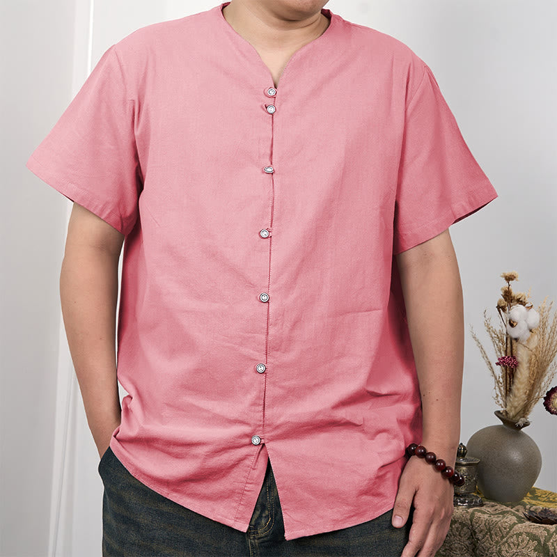 Buddha Stones Camisa de lino y algodón con botones de manga corta para hombre
