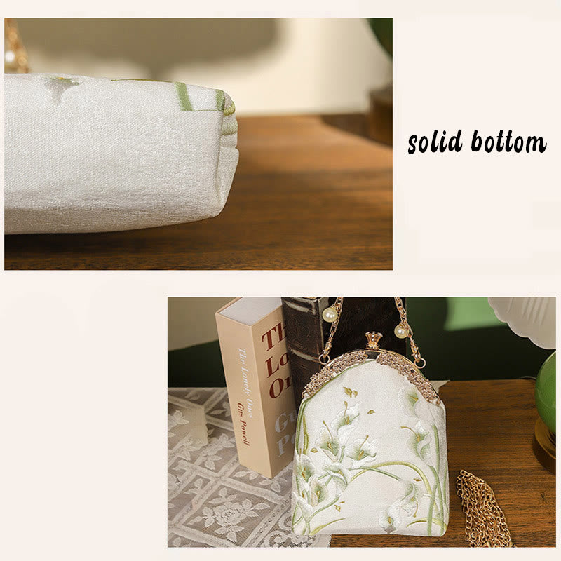 Bolso de Mano de Mango Metálico con Bordado de Callas y Piedras de Buda, Bolso de Hombro Cruzado