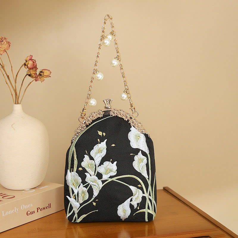 Bolso de Mano de Mango Metálico con Bordado de Callas y Piedras de Buda, Bolso de Hombro Cruzado