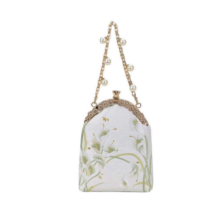 Bolso de Mano de Mango Metálico con Bordado de Callas y Piedras de Buda, Bolso de Hombro Cruzado