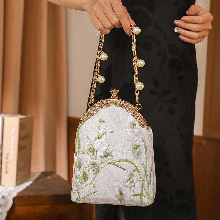 Bolso de Mano de Mango Metálico con Bordado de Callas y Piedras de Buda, Bolso de Hombro Cruzado