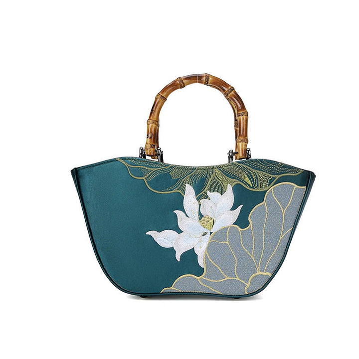 Bolso de Mano con Mango de Bambú y Bordado de Piedras de Buda y Loto