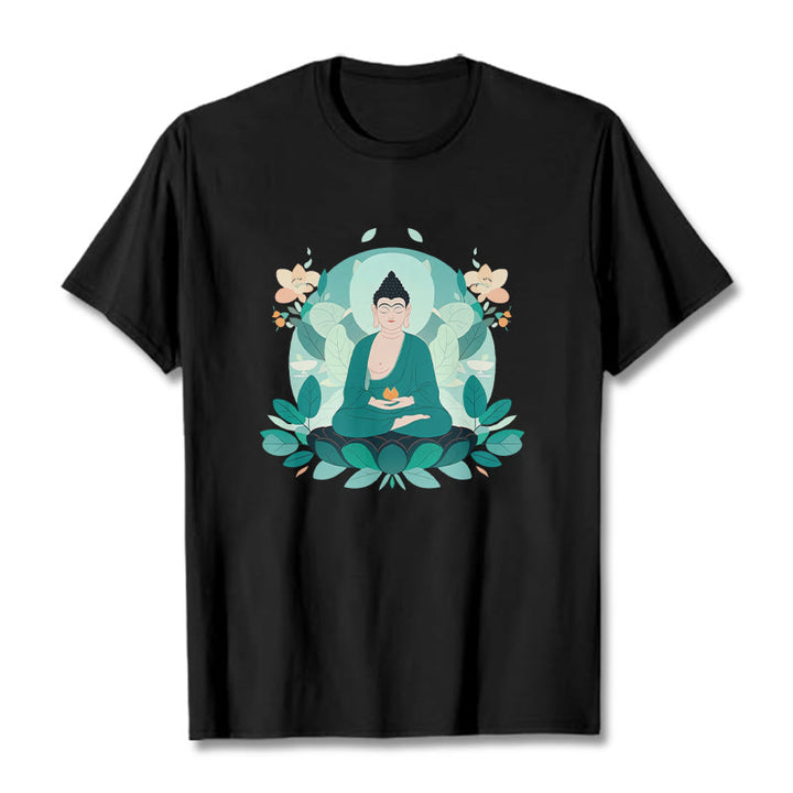Buddha Stones Camiseta de Buda con ojos cerrados y hoja verde - Negro - 2XL - image 6