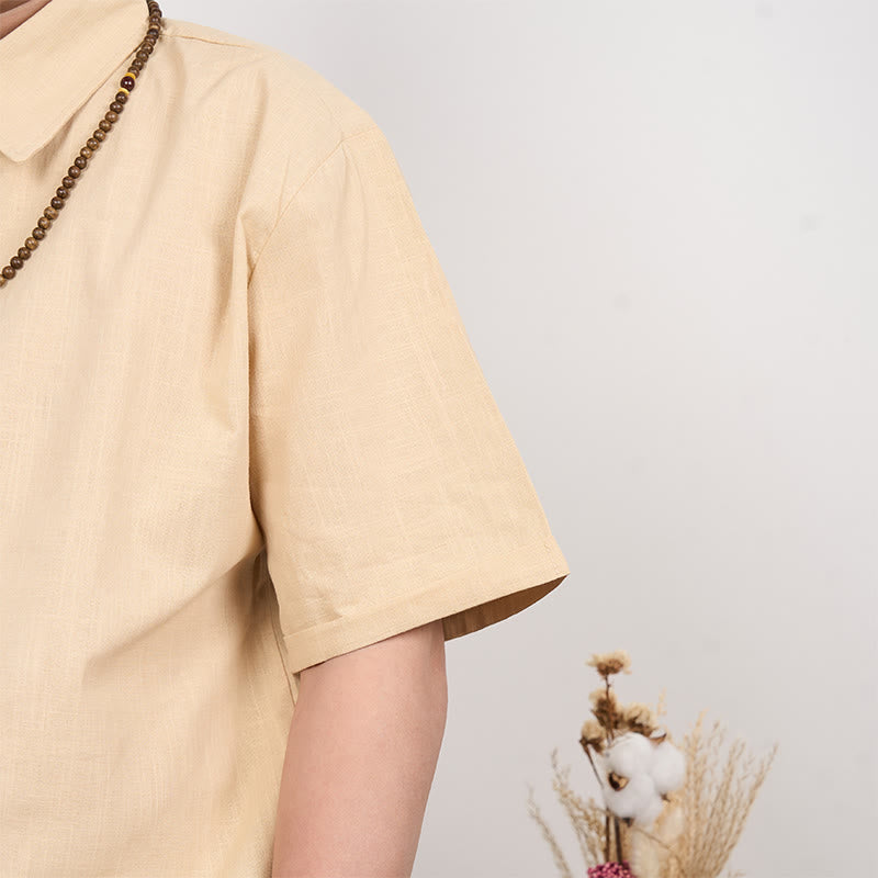 Buddha Stones Camisa casual de lino y algodón con botones de manga corta para hombre - image 9