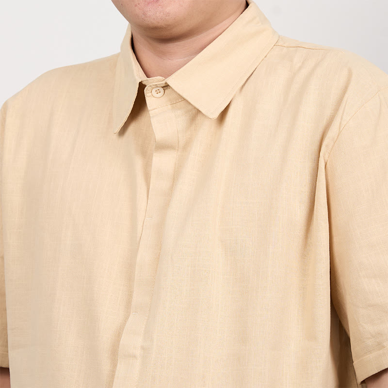 Buddha Stones Camisa casual de lino y algodón con botones de manga corta para hombre - image 8