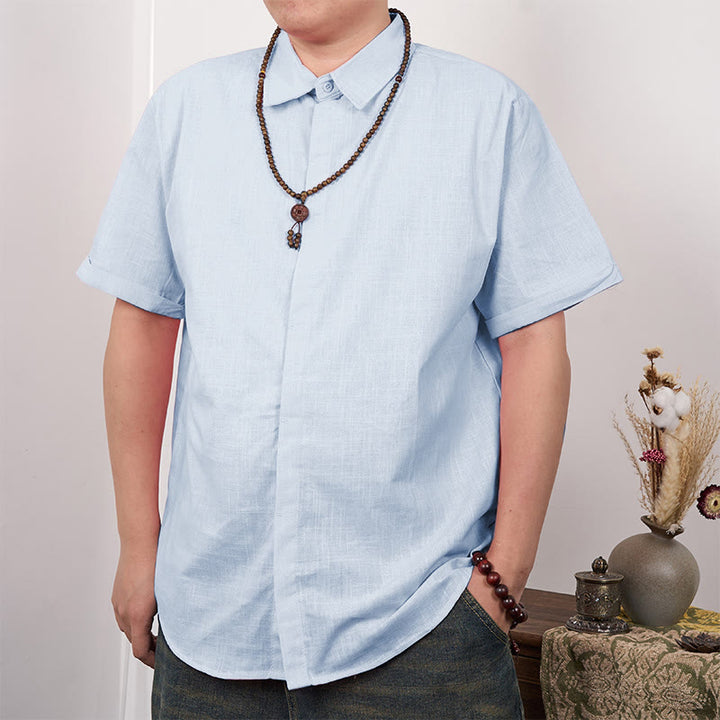 Buddha Stones Camisa casual de lino y algodón con botones de manga corta para hombre - Azul celeste claro - US/UK/AU44，EU54 (3XL) - image 15