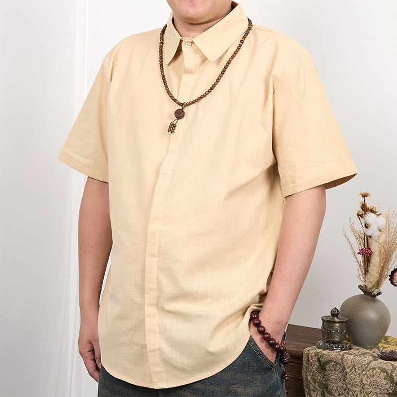 Buddha Stones Camisa casual de lino y algodón con botones de manga corta para hombre - Trigo - US/UK/AU44，EU54 (3XL) - image 6