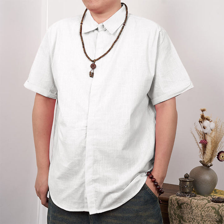 Buddha Stones Camisa casual de lino y algodón con botones de manga corta para hombre - Blanco - US/UK/AU44，EU54 (3XL) - image 1