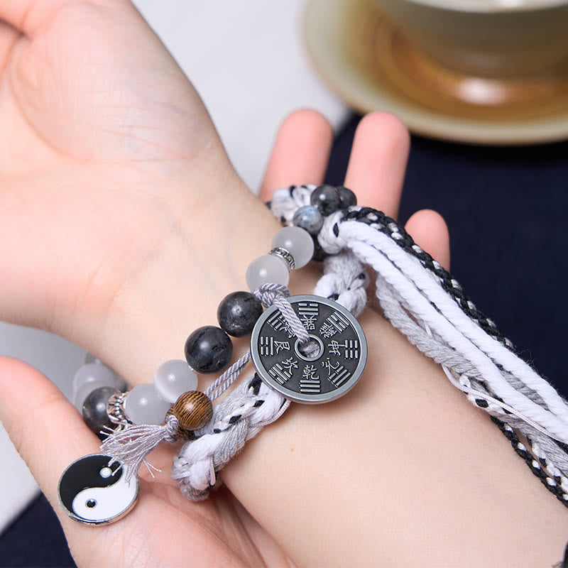 Buddha Stones, piedra negra brillante, ojo de gato, Yin Yang, fantasmas de montaña, gastar dinero, energía, pulsera de cuerda de doble capa