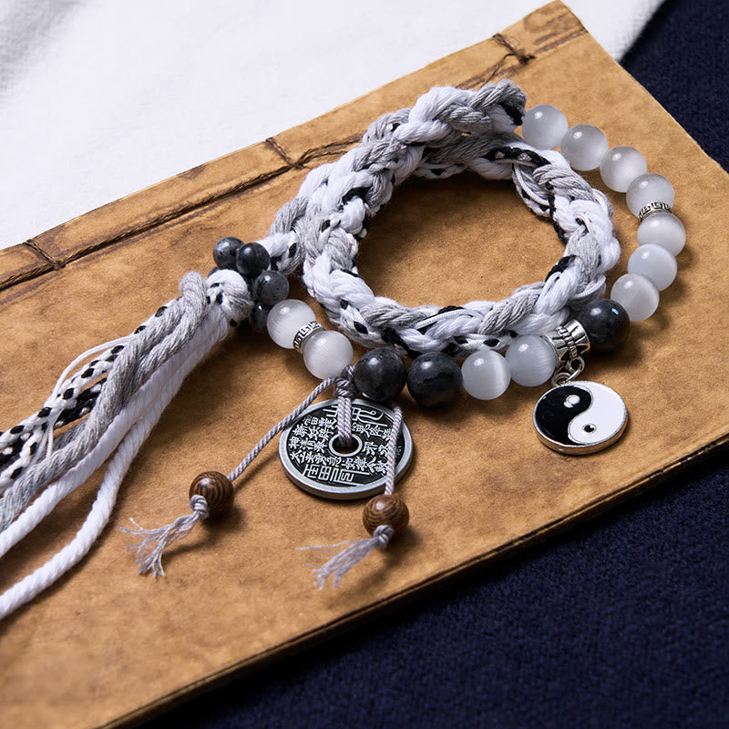 Buddha Stones, piedra negra brillante, ojo de gato, Yin Yang, fantasmas de montaña, gastar dinero, energía, pulsera de cuerda de doble capa