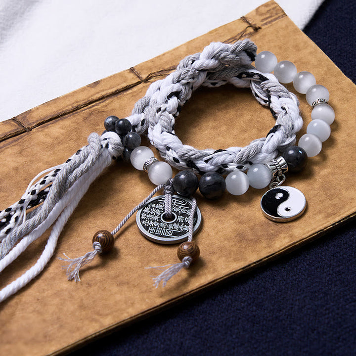 Buddha Stones, piedra negra brillante, ojo de gato, Yin Yang, fantasmas de montaña, gastar dinero, energía, pulsera de cuerda de doble capa