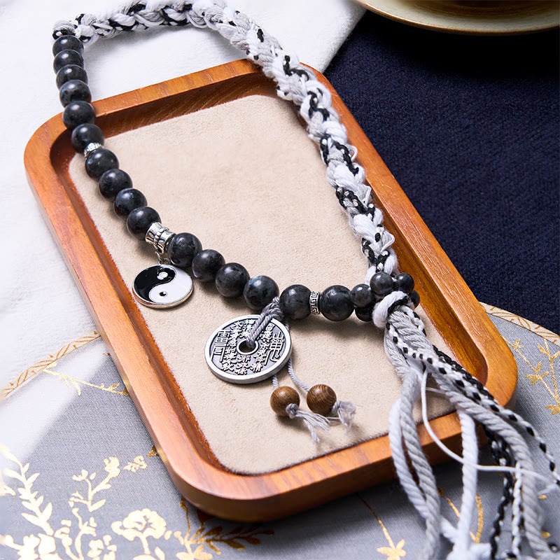 Buddha Stones, piedra negra brillante, ojo de gato, Yin Yang, fantasmas de montaña, gastar dinero, energía, pulsera de cuerda de doble capa