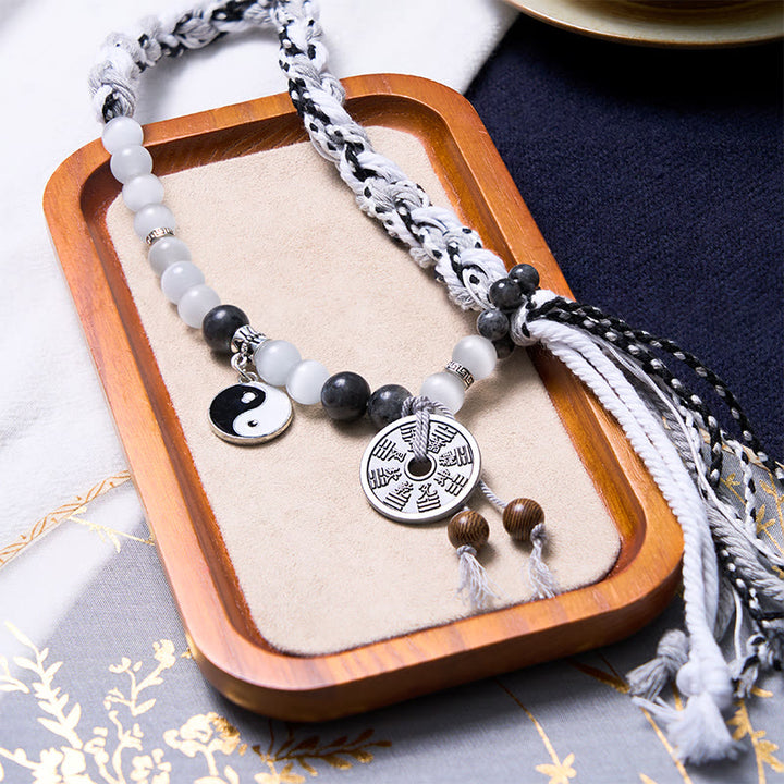 Buddha Stones, piedra negra brillante, ojo de gato, Yin Yang, fantasmas de montaña, gastar dinero, energía, pulsera de cuerda de doble capa