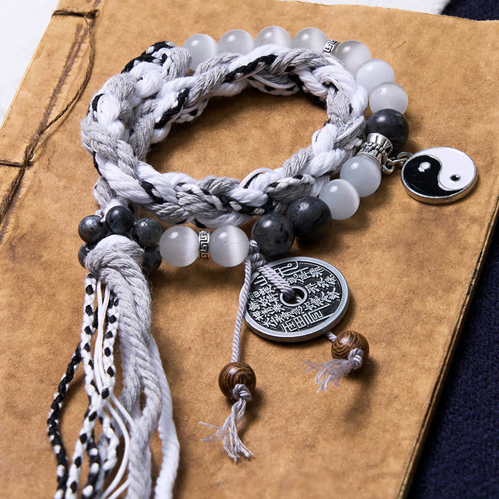 Buddha Stones, piedra negra brillante, ojo de gato, Yin Yang, fantasmas de montaña, gastar dinero, energía, pulsera de cuerda de doble capa