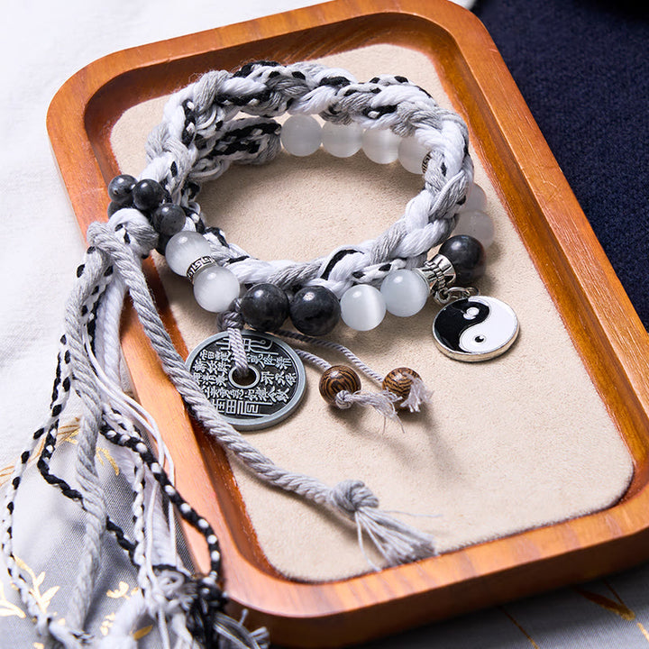 Buddha Stones, piedra negra brillante, ojo de gato, Yin Yang, fantasmas de montaña, gastar dinero, energía, pulsera de cuerda de doble capa