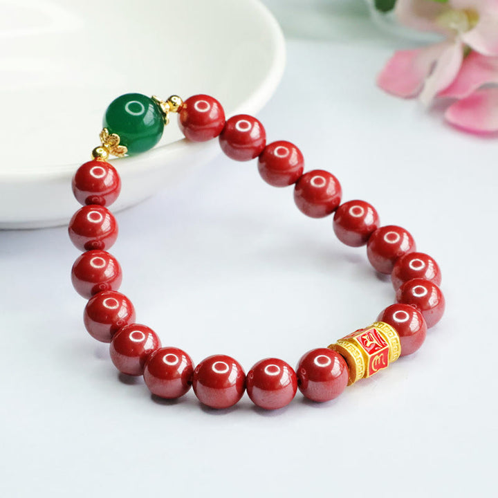 Buddha Stones Pulsera de Bendición con Cinabrio Natural Ágata Verde Patrón Om Mani Padme Hum