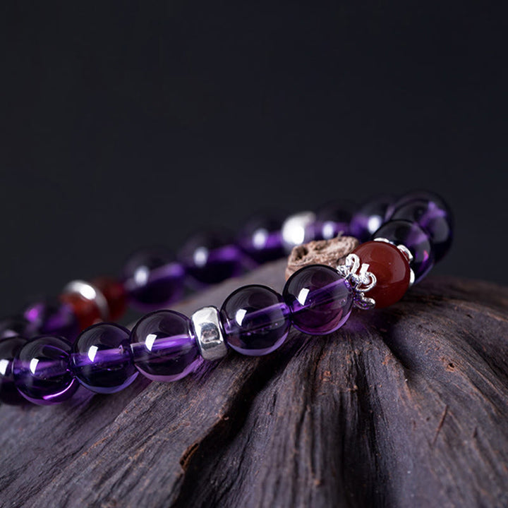 Buddha Stones Pulsera de plata de ley 925 con amatista natural y ágata roja positiva con loto