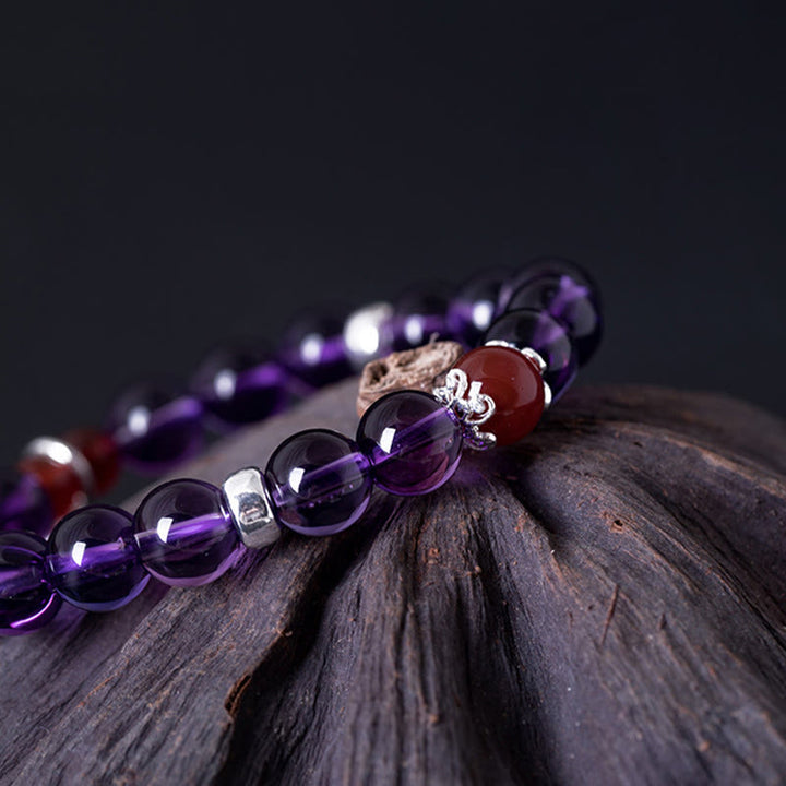 Buddha Stones Pulsera de plata de ley 925 con amatista natural y ágata roja positiva con loto