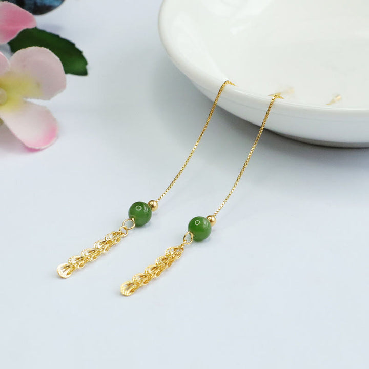 Buddha Stones Pendientes colgantes de cola de fénix de la suerte con abalorio de jade natural Hetian cian en plata de ley 925