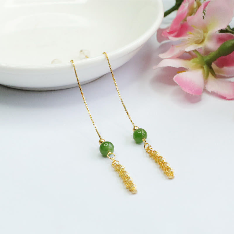 Buddha Stones Pendientes colgantes de cola de fénix de la suerte con abalorio de jade natural Hetian cian en plata de ley 925