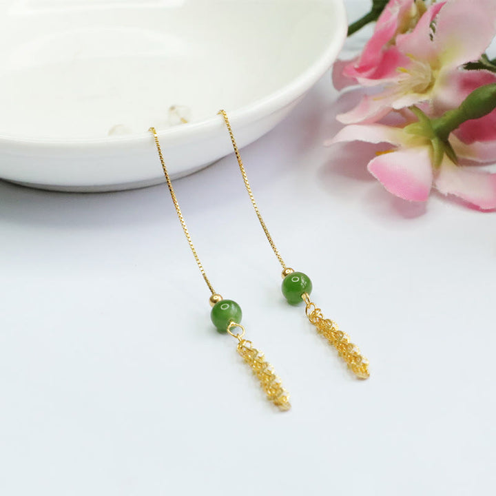 Buddha Stones Pendientes colgantes de cola de fénix de la suerte con abalorio de jade natural Hetian cian en plata de ley 925