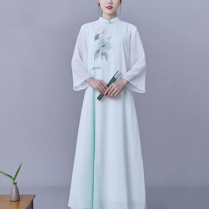 Buddha Stones Conjunto de Mujer: 2 Piezas, Vestido Midi de Chifón con Manga Tres Cuartos y Estampado de Flores, Ropa Zen