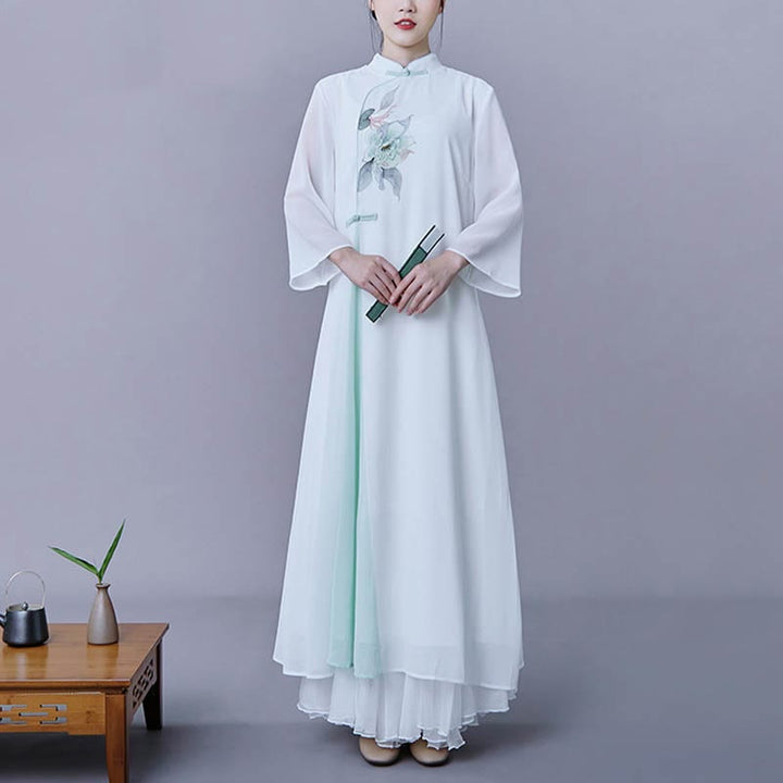 Buddha Stones Conjunto de Mujer: 2 Piezas, Vestido Midi de Chifón con Manga Tres Cuartos y Estampado de Flores, Ropa Zen