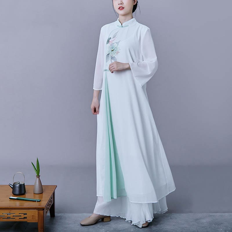Buddha Stones Conjunto de Mujer: 2 Piezas, Vestido Midi de Chifón con Manga Tres Cuartos y Estampado de Flores, Ropa Zen