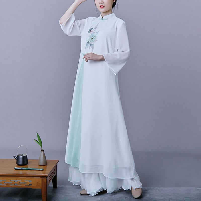 Buddha Stones Conjunto de Mujer: 2 Piezas, Vestido Midi de Chifón con Manga Tres Cuartos y Estampado de Flores, Ropa Zen