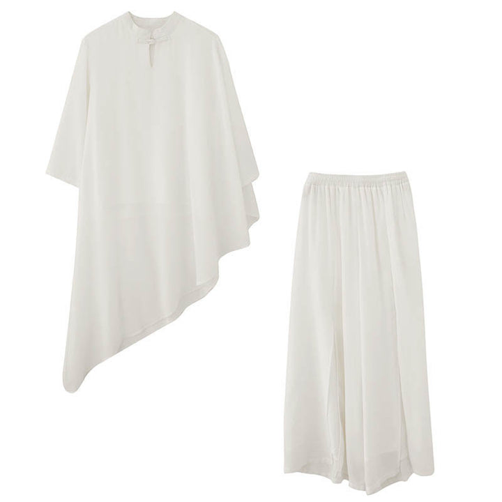 Buddha Stones Conjunto de Mujer de Chifón para Meditación con Camisa de Diseño Irregular de Manga Tres Cuartos y Pantalones de Pierna Ancha, 2 Piezas