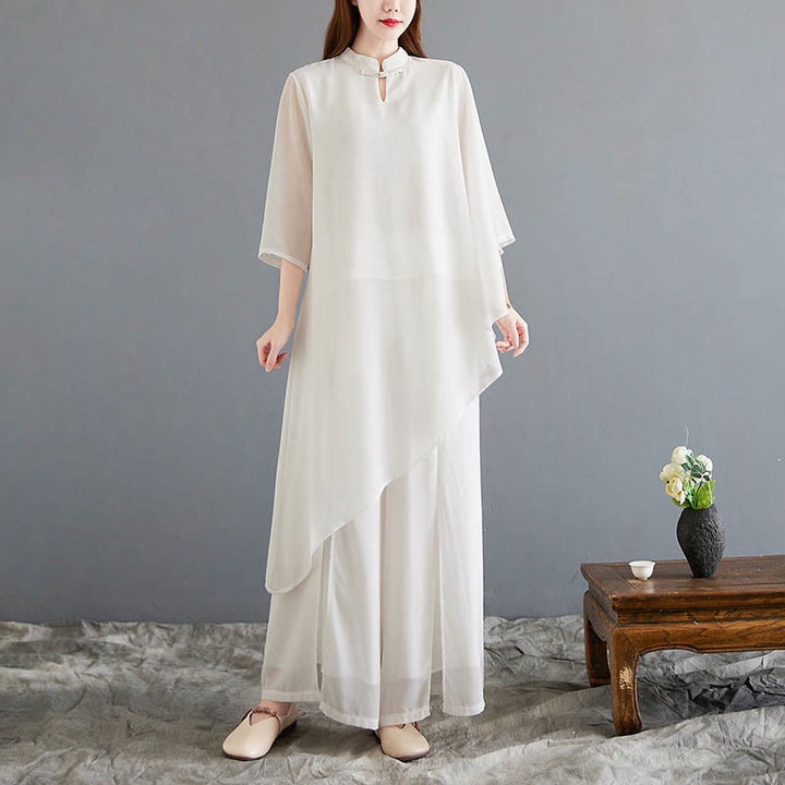 Buddha Stones Conjunto de Mujer de Chifón para Meditación con Camisa de Diseño Irregular de Manga Tres Cuartos y Pantalones de Pierna Ancha, 2 Piezas