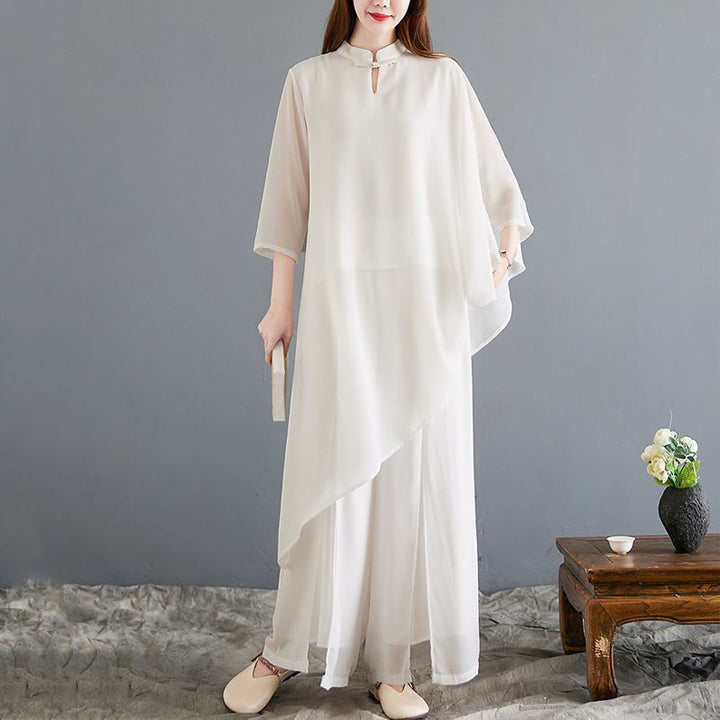 Buddha Stones Conjunto de Mujer de Chifón para Meditación con Camisa de Diseño Irregular de Manga Tres Cuartos y Pantalones de Pierna Ancha, 2 Piezas
