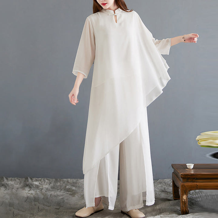 Buddha Stones Conjunto de Mujer de Chifón para Meditación con Camisa de Diseño Irregular de Manga Tres Cuartos y Pantalones de Pierna Ancha, 2 Piezas