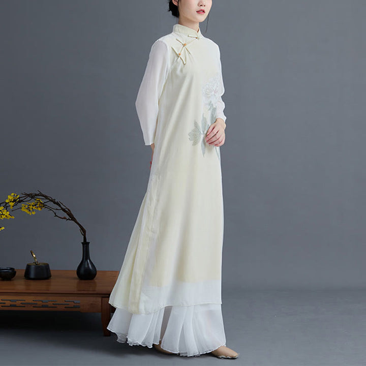 Juego de Ropa Zen para Mujeres de Buddha Stones: Vestido Cheongsam de Flores de Peonía de Chiffón de Largo Midi 2 Piezas - image 3