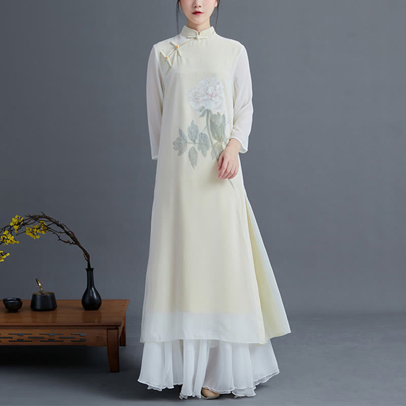 Juego de Ropa Zen para Mujeres de Buddha Stones: Vestido Cheongsam de Flores de Peonía de Chiffón de Largo Midi 2 Piezas - Vestido y falda - 2XL(apto para US6; UK/AU10; UE38) - image 0