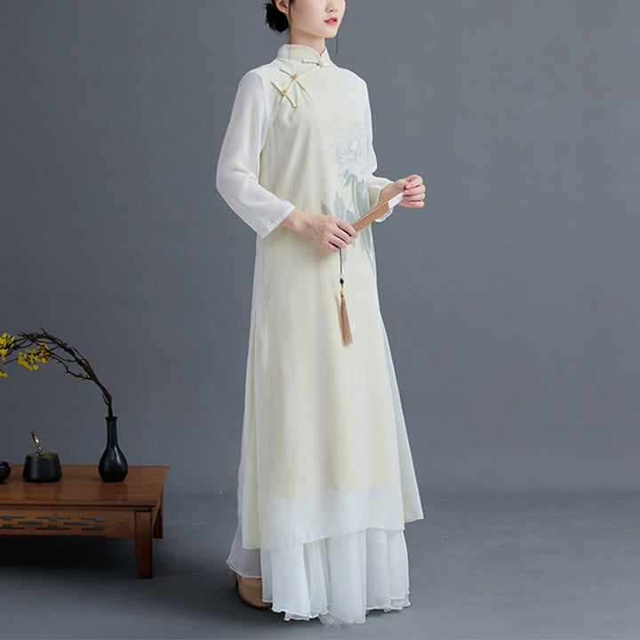 Juego de Ropa Zen para Mujeres de Buddha Stones: Vestido Cheongsam de Flores de Peonía de Chiffón de Largo Midi 2 Piezas - image 2