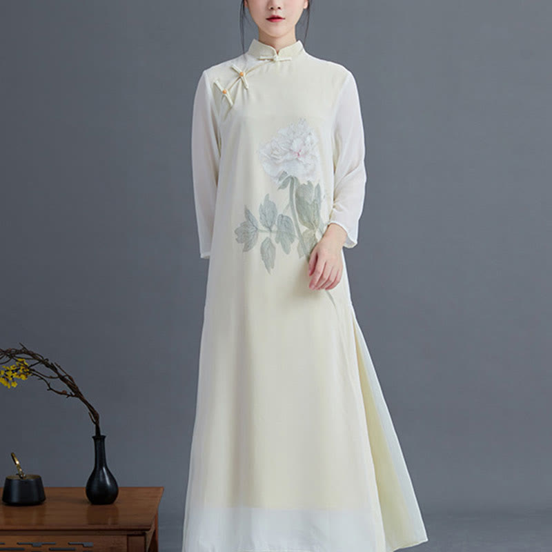 Juego de Ropa Zen para Mujeres de Buddha Stones: Vestido Cheongsam de Flores de Peonía de Chiffón de Largo Midi 2 Piezas - Vestido (solo vestido) - 2XL(apto para US6; UK/AU10; UE38) - image 5