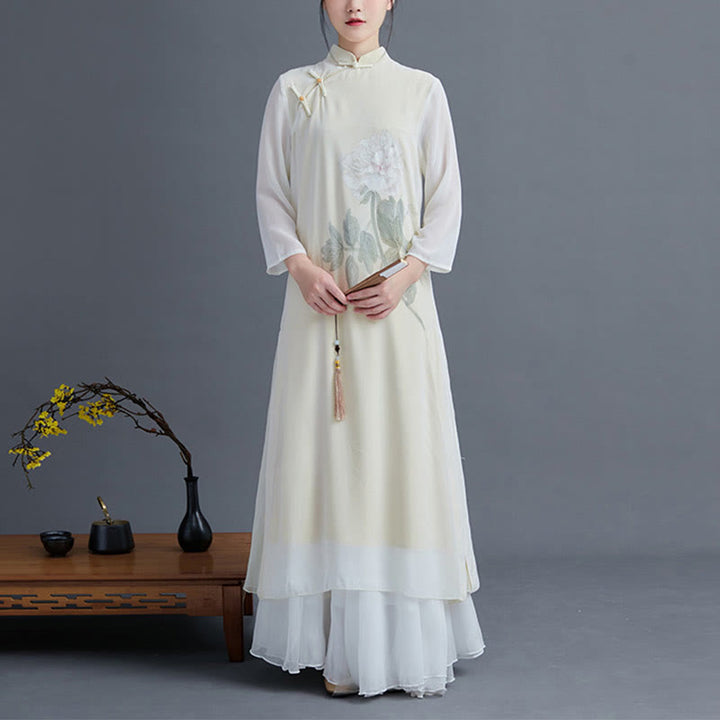 Juego de Ropa Zen para Mujeres de Buddha Stones: Vestido Cheongsam de Flores de Peonía de Chiffón de Largo Midi 2 Piezas - image 1