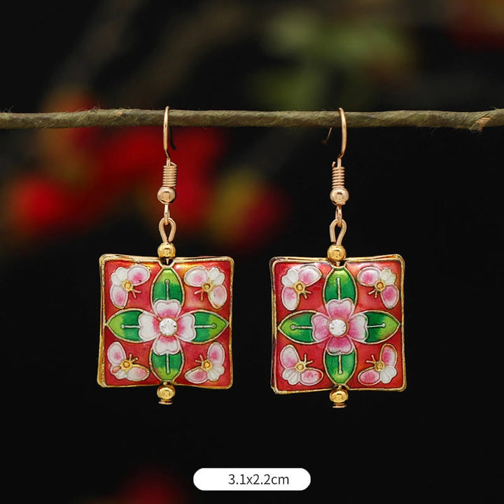 Buddha Stones Pendientes Colgantes de Flor de Loto Mariposa de Aleación de Cobre de Iluminación - Flor cuadrada roja y verde 3,1 x 2,2 cm - image 24