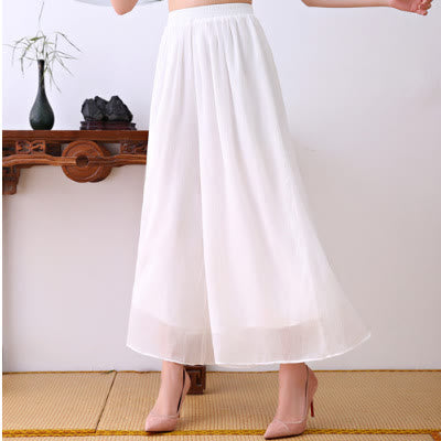 Buddha Stones Conjunto de Mujer de Dos Piezas de Vestido Cheongsam Midi de Flor de Loto y Pantalones de Pierna Ancha de Chifón Zen