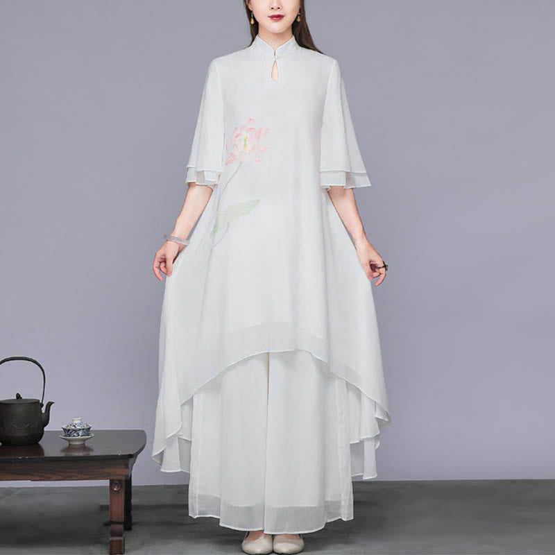 Buddha Stones Conjunto de Mujer de Dos Piezas de Vestido Cheongsam Midi de Flor de Loto y Pantalones de Pierna Ancha de Chifón Zen - Vestido y pantalón - US12, UK/AU16, EU44 (2XL)  - image 0