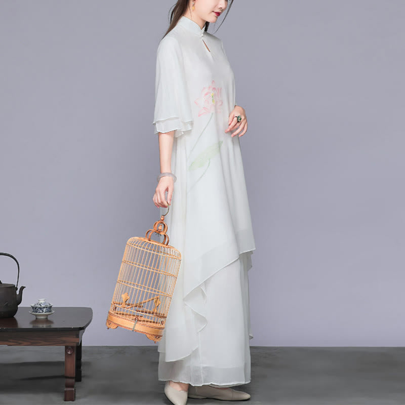 Buddha Stones Conjunto de Mujer de Dos Piezas de Vestido Cheongsam Midi de Flor de Loto y Pantalones de Pierna Ancha de Chifón Zen - image 2