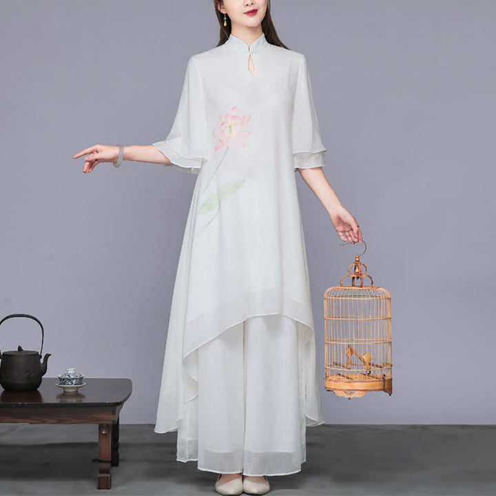 Buddha Stones Conjunto de Mujer de Dos Piezas de Vestido Cheongsam Midi de Flor de Loto y Pantalones de Pierna Ancha de Chifón Zen - image 1