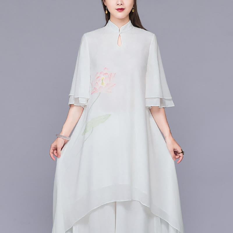 Buddha Stones Conjunto de Mujer de Dos Piezas de Vestido Cheongsam Midi de Flor de Loto y Pantalones de Pierna Ancha de Chifón Zen - Vestido (solo vestido) - US12, UK/AU16, EU44 (2XL)  - image 5