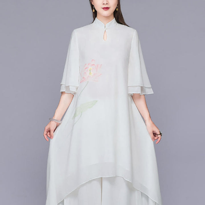 Buddha Stones Conjunto de Mujer de Dos Piezas de Vestido Cheongsam Midi de Flor de Loto y Pantalones de Pierna Ancha de Chifón Zen - Vestido (solo vestido) - US12, UK/AU16, EU44 (2XL)  - image 5